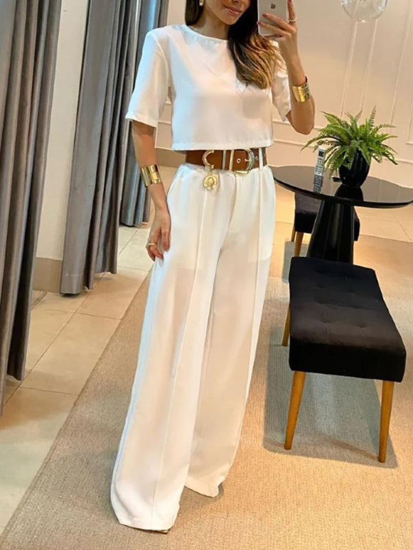Women's Short-sleeved Top Wide-leg Trousers 2pcs Suit