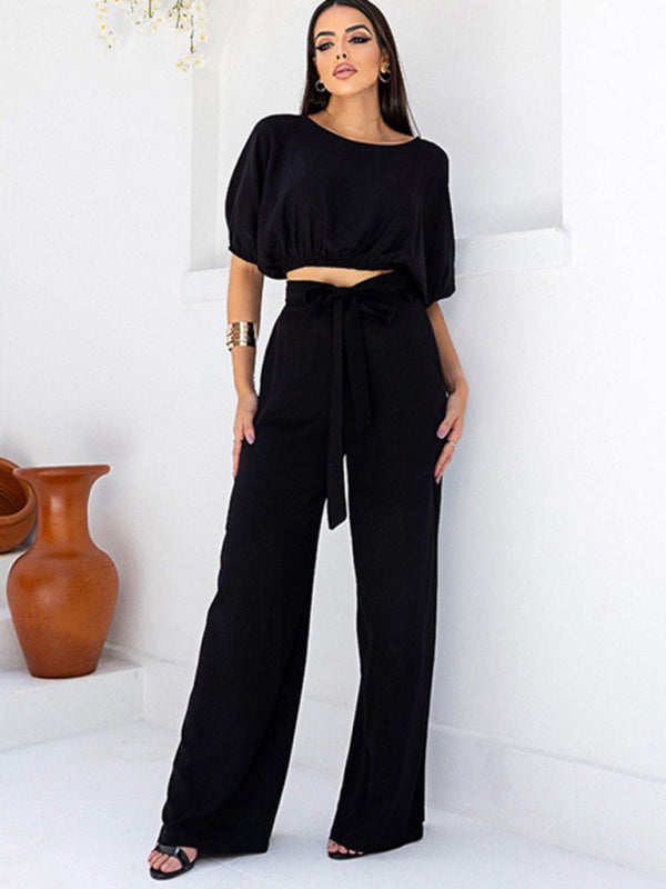 Women's Round Neck Short Sleeve Top Lace Up High Waist Trousers Two-Piece Set