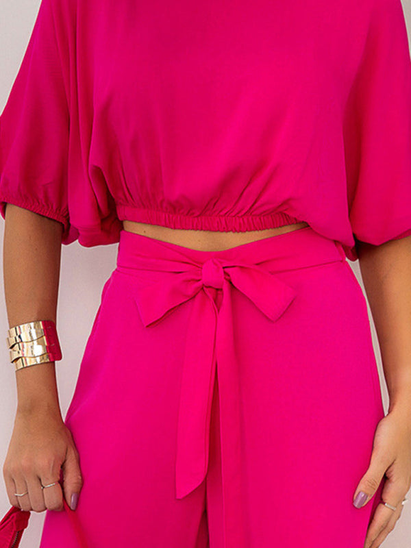 Women's Round Neck Short Sleeve Top Lace Up High Waist Trousers Two-Piece Set