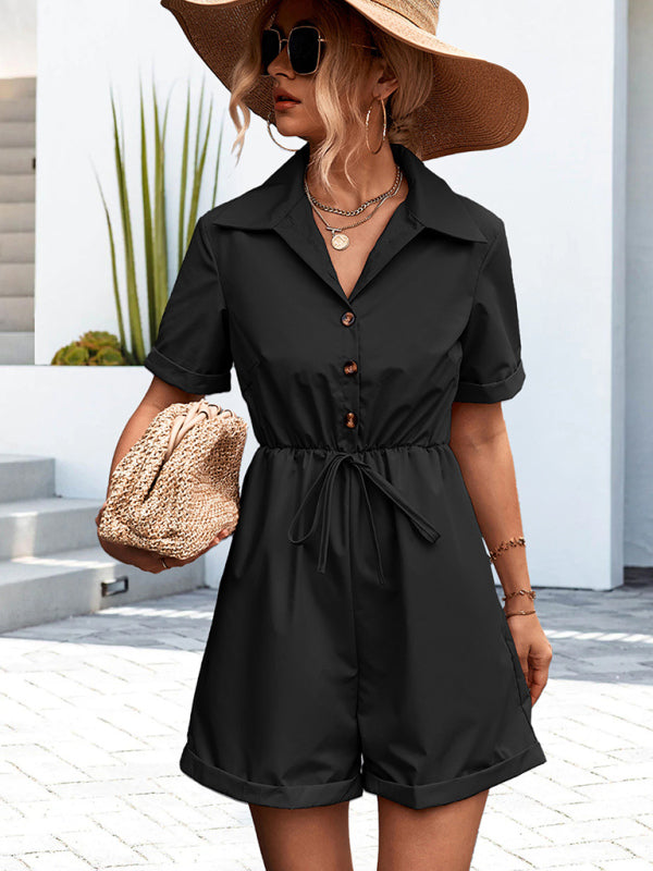 Women's Casual Shirt Collar Short Sleeve Lace-up Jumpsuit