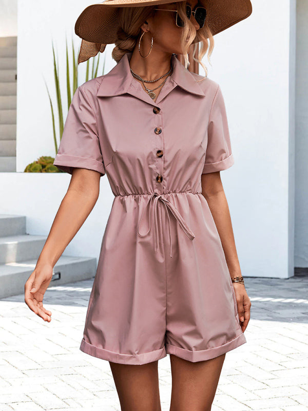 Women's Casual Shirt Collar Short Sleeve Lace-up Jumpsuit