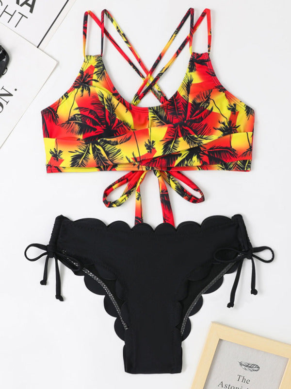 Multicolour Coconut Tree Printing Laser Cut Flower Petals Bottoms Ladies Split Bikini Swimsuit