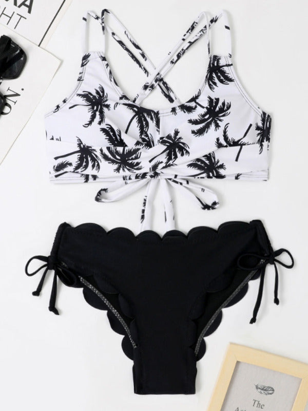 Multicolour Coconut Tree Printing Laser Cut Flower Petals Bottoms Ladies Split Bikini Swimsuit