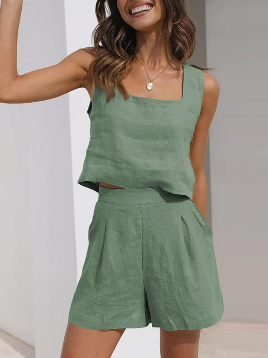 Women's Cotton Linen Sleeveless Square Neck Top & Shorts Two-Piece Set