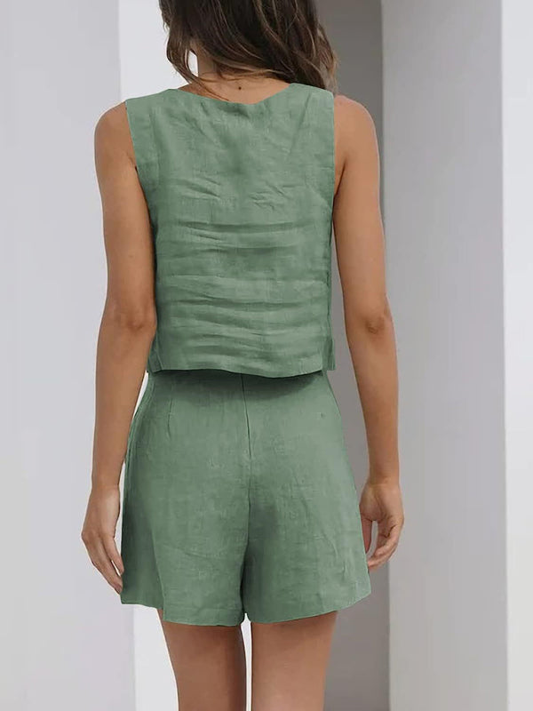 Women's Cotton Linen Sleeveless Square Neck Top & Shorts Two-Piece Set
