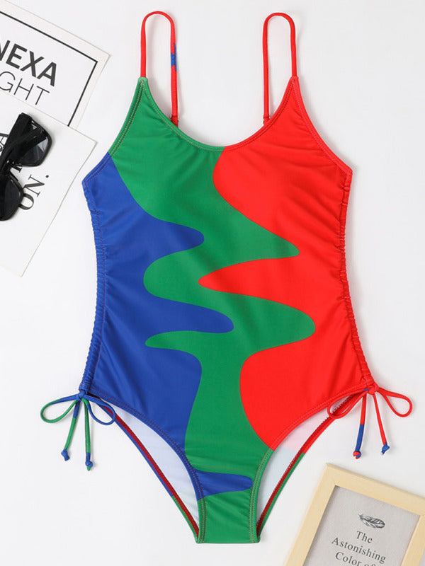 Women's One-Piece Swimsuit Multicolour Stitching Drawstring Corrugated Swimsuit
