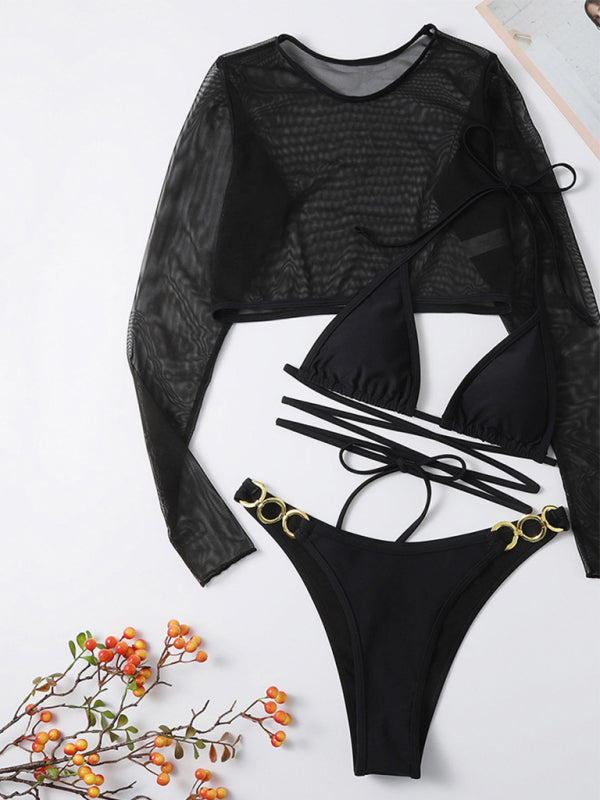 Women's Solid Colour High Cut Waist Long Sleeve Cut out Three-Piece Swimsuit