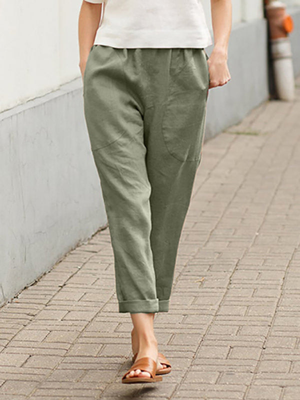 Women's Big Pocket Solid Color Comfortable Cotton Linen Casual Pants Straight Leg Trousers