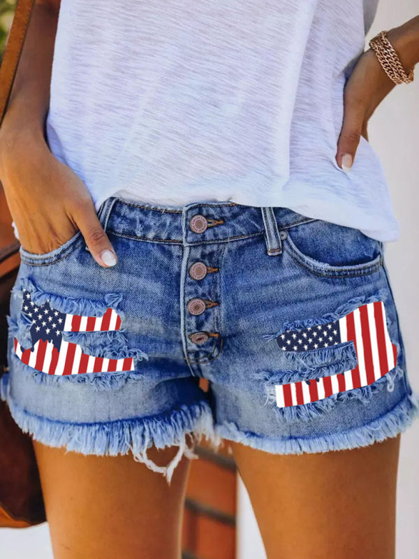 Women's Button-breasted Printed Patch Denim Shorts