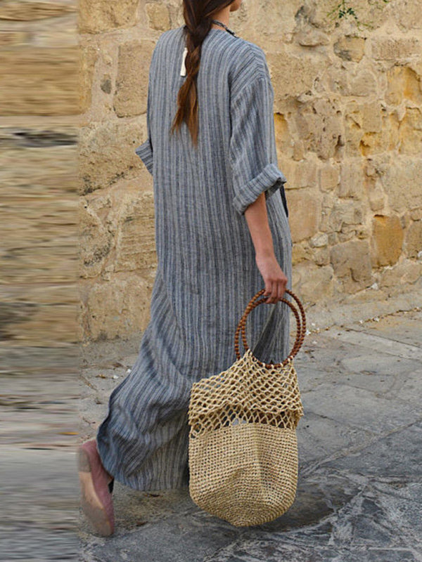Women's Cotton and Linen Yarn-dyed striped Loose Long Dress