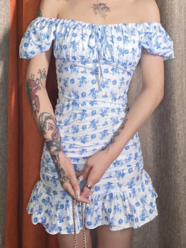 Women's Blue Floral One-Line Neck Puff Sleeve Hip Dress