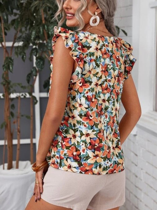 Women's V-neck Elegant Floral Print Short-sleeved Top