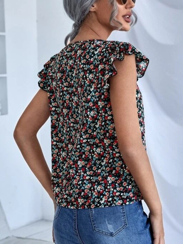 Women's V-neck Elegant Floral Print Short-sleeved Top