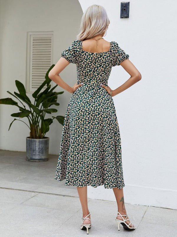 Women's Square Neck Puff Sleeve French Floral Dress
