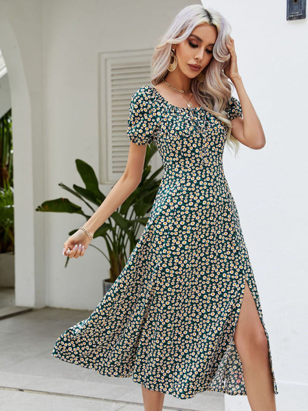 Women's Square Neck Puff Sleeve French Floral Dress