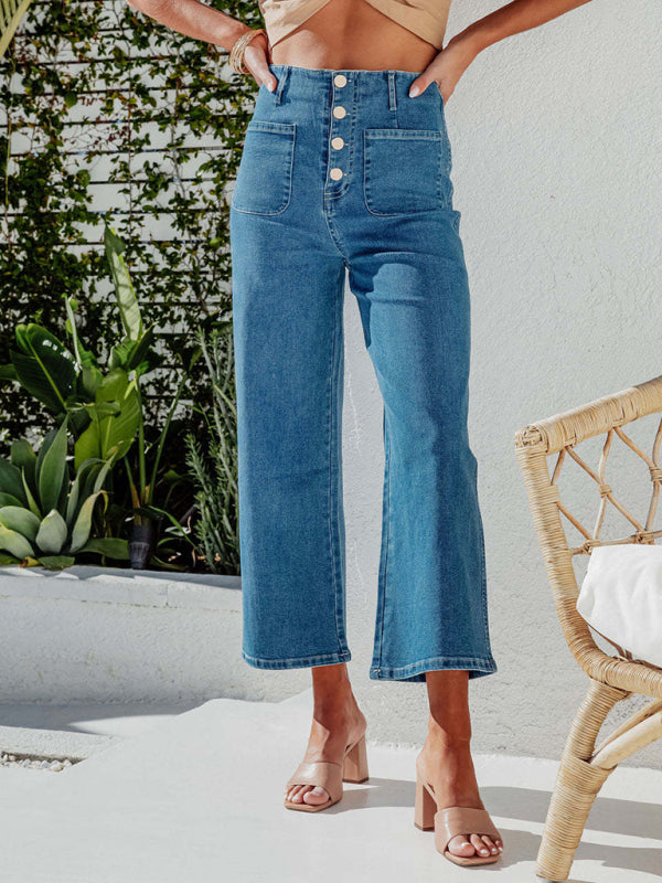 Women's Retro Loose Straight Single-Breasted High-Waist Wide-Leg Jeans