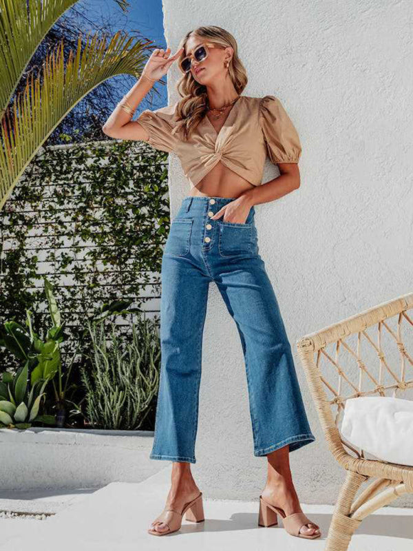 Women's Retro Loose Straight Single-Breasted High-Waist Wide-Leg Jeans
