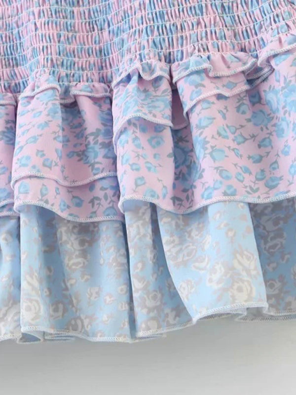 Women's Floral Elastic Stitching Lantern Sleeve Dress