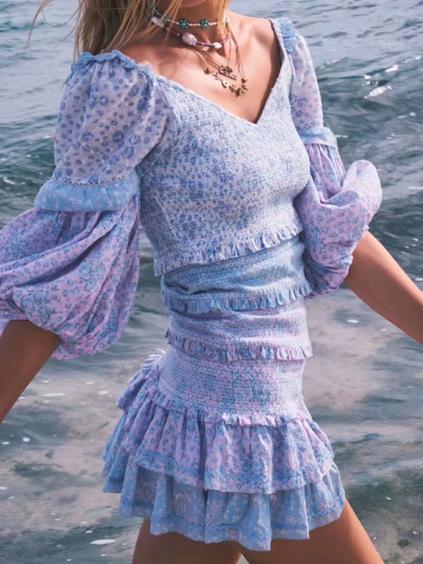 Women's Floral Elastic Stitching Lantern Sleeve Dress