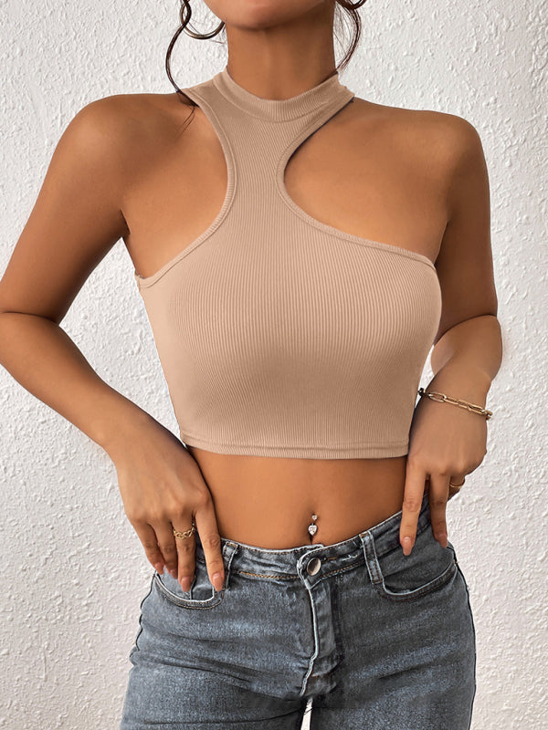 Women's Knitted Round Neck Cropped Asymmetrical Tank Top