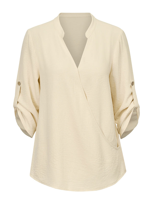 Women's V Neck Loose Rolled Long Sleeve Top