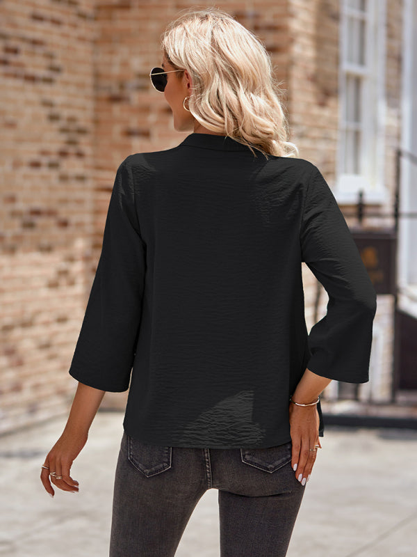 Women's V Neck Loose Rolled Long Sleeve Top