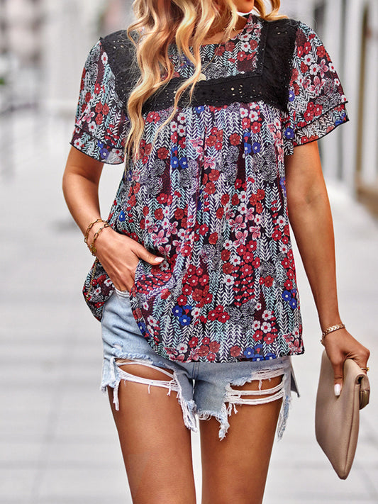 Women's  Elegant Casual Floral Round Neck Short Sleeve Top