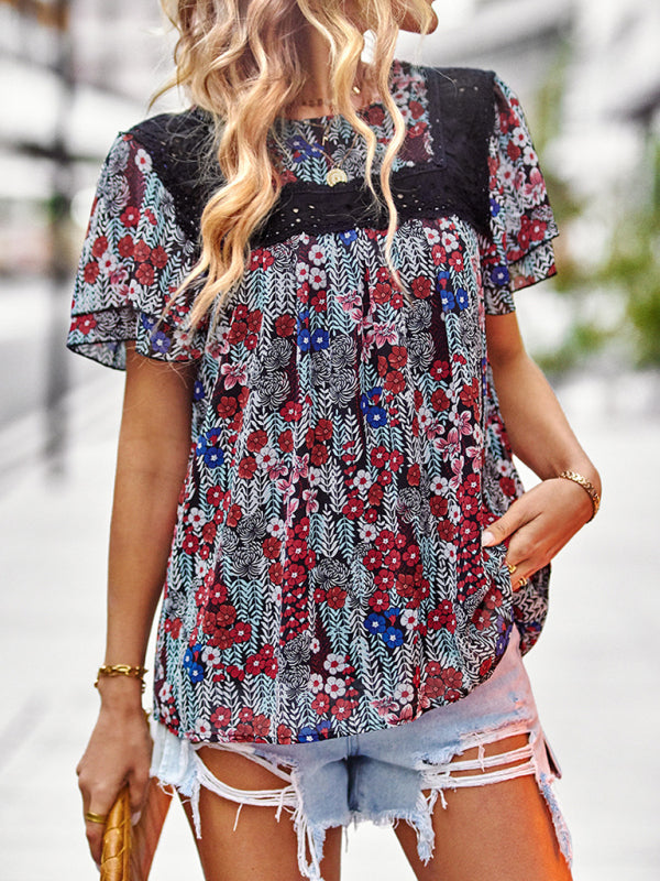 Women's  Elegant Casual Floral Round Neck Short Sleeve Top
