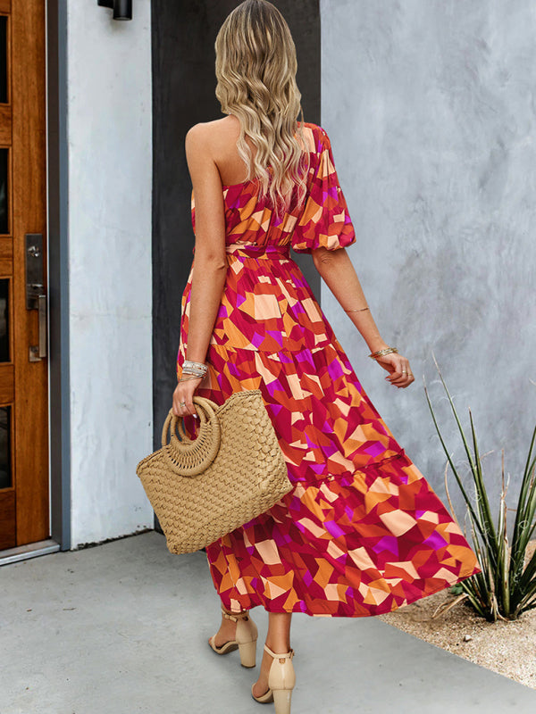 Women's Printed Temperament Elegant one-shoulder long Summer Dress