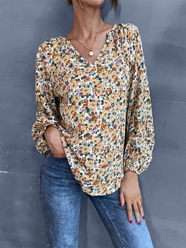 Women's loose V-neck long-sleeved floral shirt