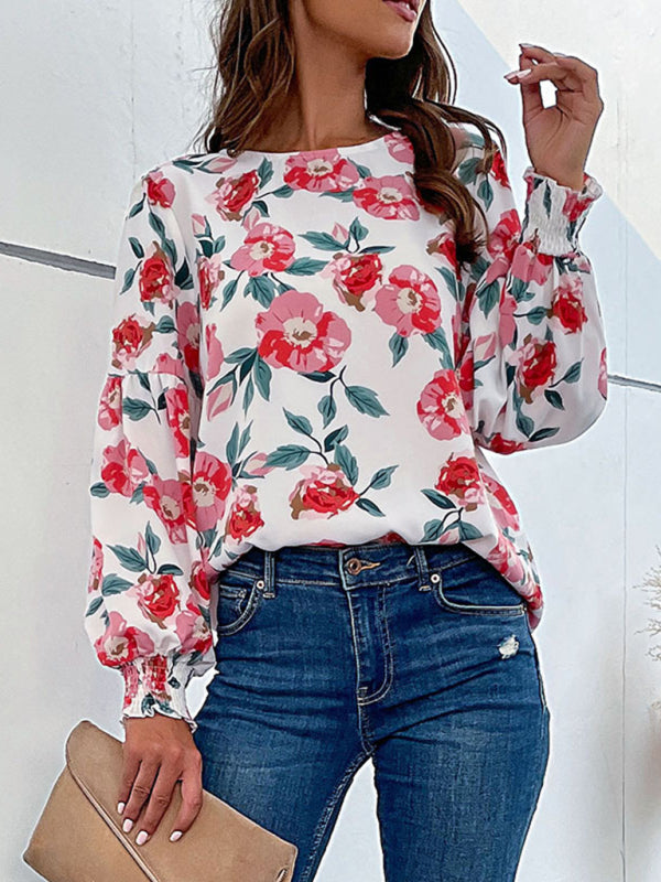 Women's Round Neck Long Sleeve Floral Shirt Top