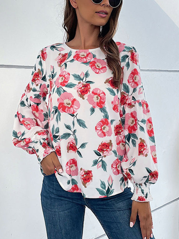 Women's Round Neck Long Sleeve Floral Shirt Top