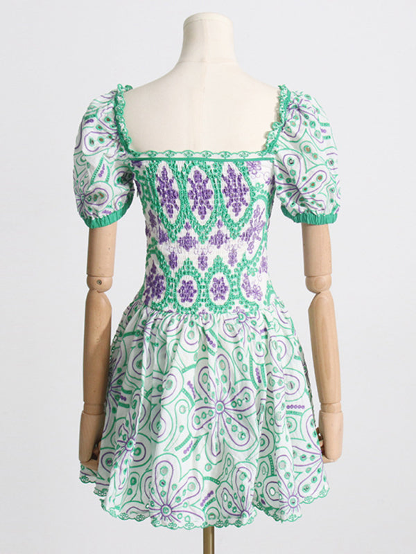 Women's Pattern Hollow Waist Slimming Printed Square Neck Dress