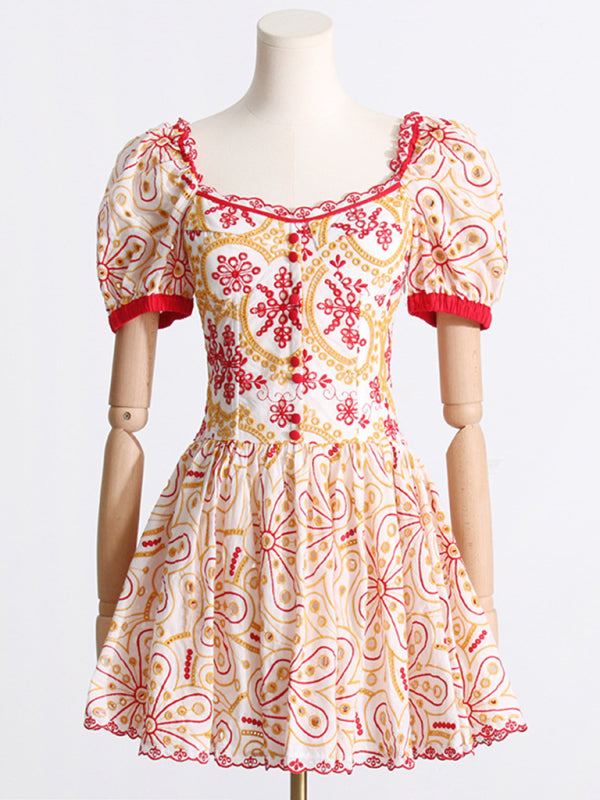 Women's Pattern Hollow Waist Slimming Printed Square Neck Dress