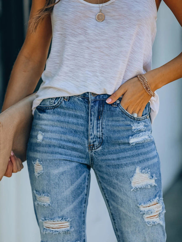 Women's Ripped Denim Cropped Straight leg Jeans