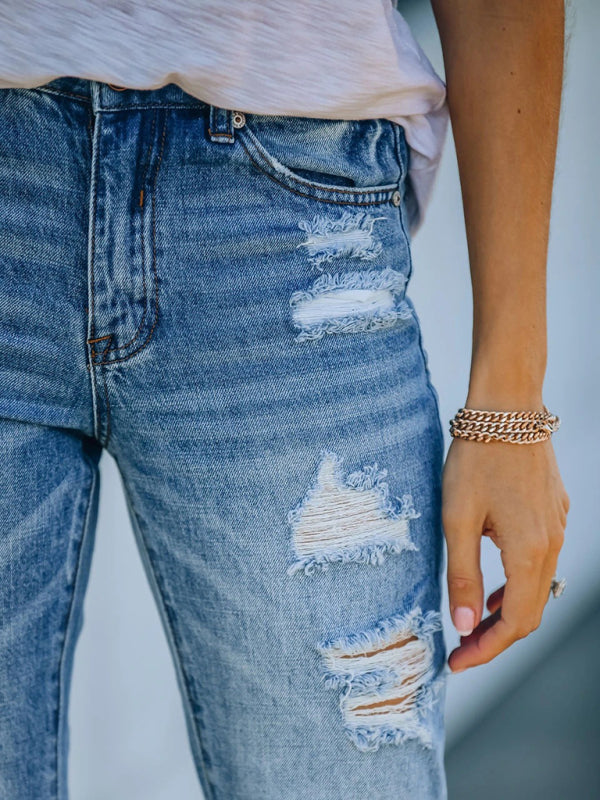 Women's Ripped Denim Cropped Straight leg Jeans