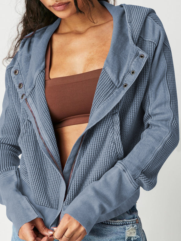 Women's Zipper Button Long Sleeve Loose Hooded Cardigan