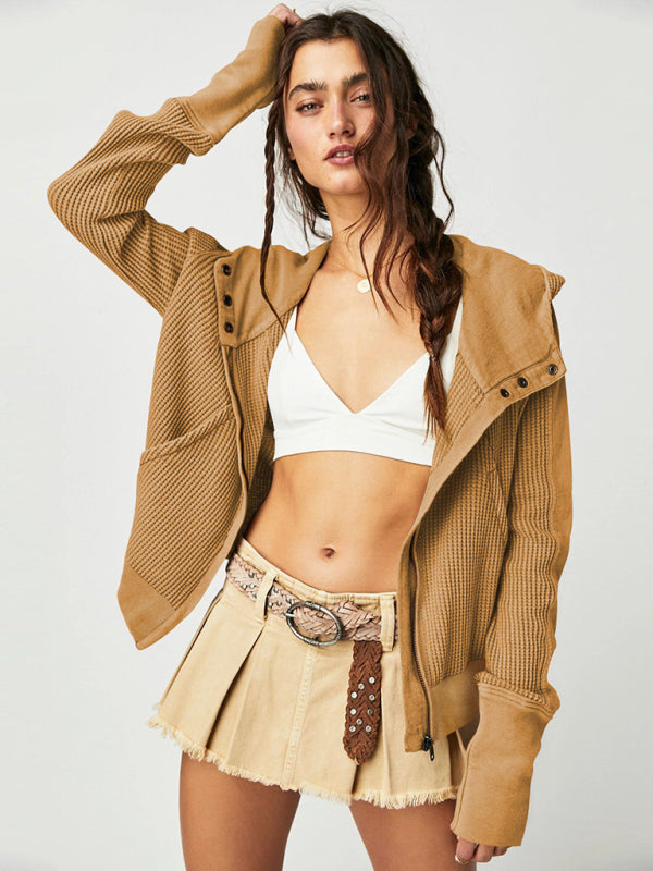 Women's Zipper Button Long Sleeve Loose Hooded Cardigan