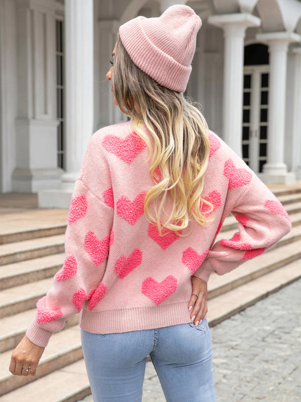 Women's Love Heart Round Neck Sweater Pullover Sweater