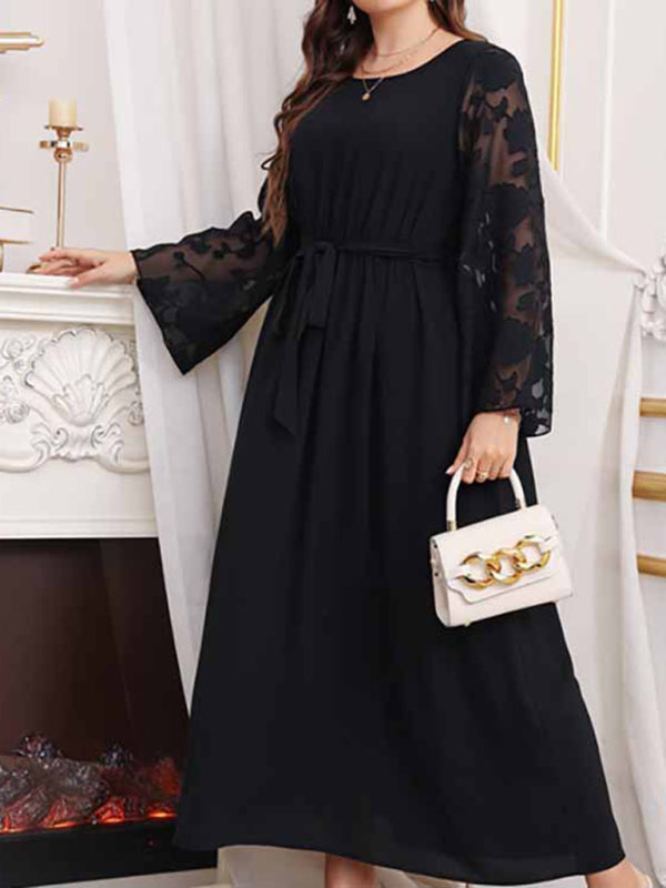 Women's Plus Size High Waist Black Polka Dot Patchwork Dress