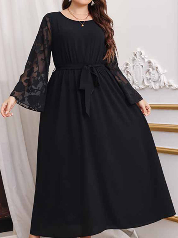 Women's Plus Size High Waist Black Polka Dot Patchwork Dress