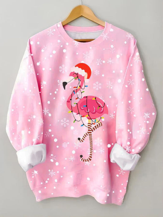 Women's Christmas Flamingo Print Round Neck Long Sleeve Sweatshirt