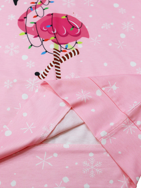 Women's Christmas Flamingo Print Round Neck Long Sleeve Sweatshirt