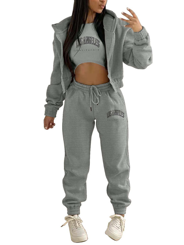 Women's letter Printed Hooded Sports and Leisure suit (Three-piece set)