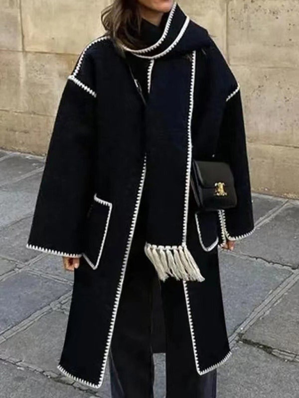 Women's Double-sided woollen long-sleeved scarf tassel long top windbreaker Jacket
