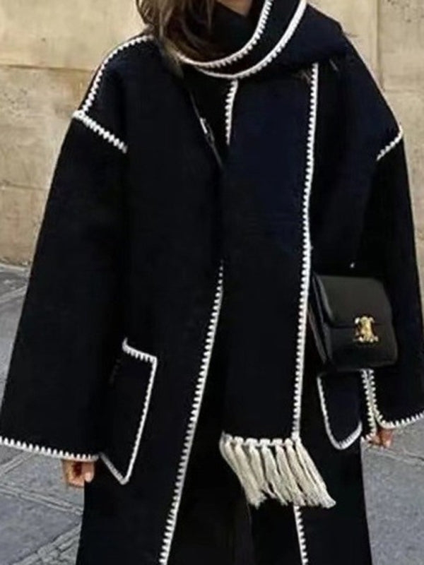 Women's Double-sided woollen long-sleeved scarf tassel long top windbreaker Jacket