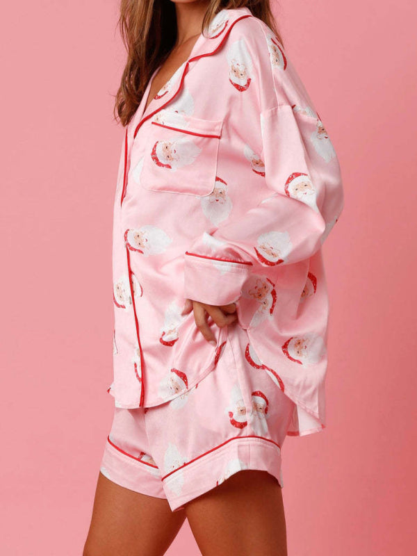 Women's Satin Plaid Shorts Long Sleeve Home wear Pyjamas Set