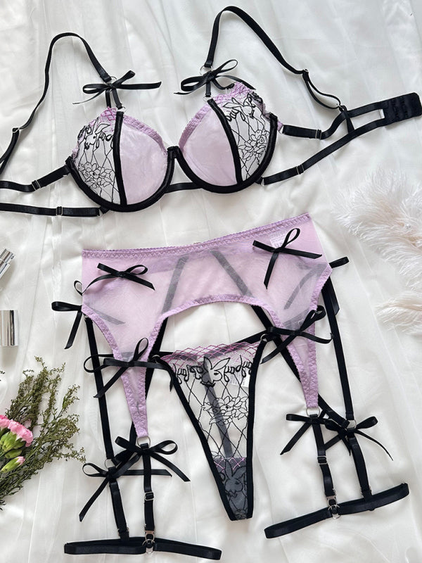Women's Embroidered see-through mesh bow Underwear Lingerie set