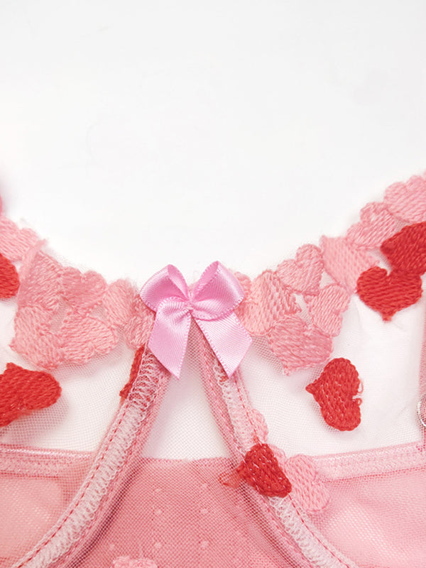 Women's new lace hollow love underwear and garter stockings three-piece set