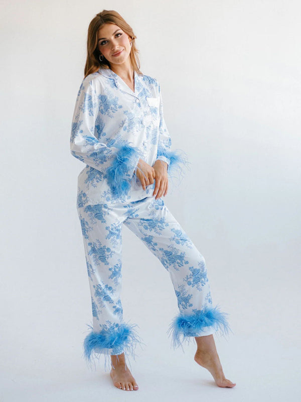 Women's Satin Print Casual Pyjamas Set